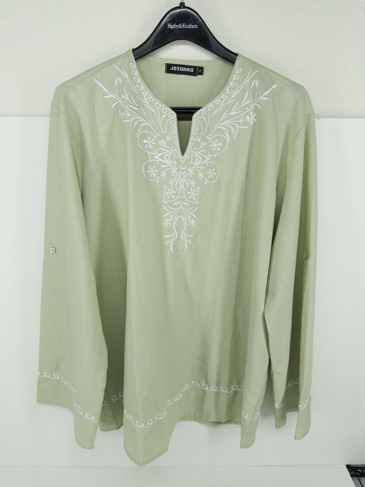 JoZorro Mens Linen V Neck Henley Caftan Tunic Embroidered Shirt L Green Large