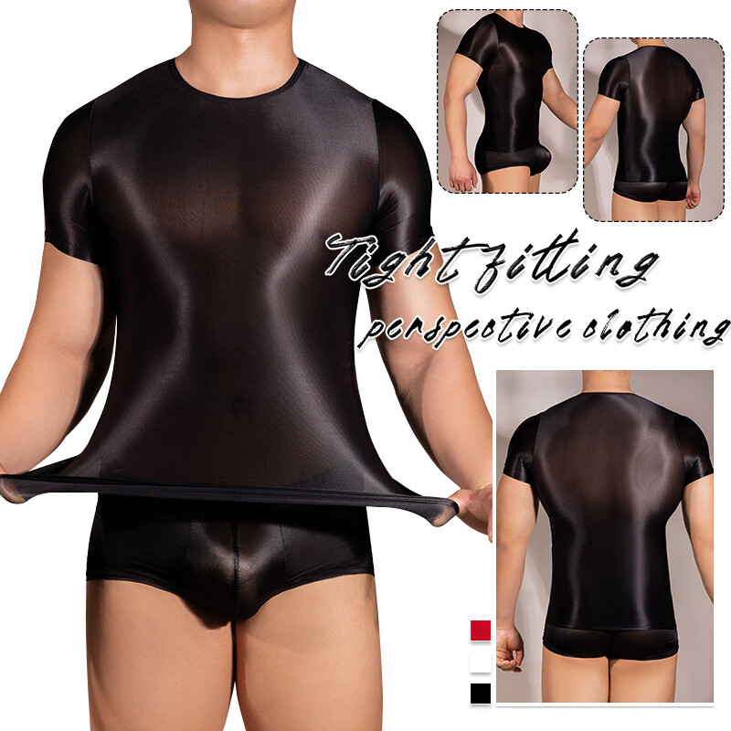 Sexy Mens Shiny Oil Muscle Tank Elastic Top Vest See-through Gym Tee Shirt Boxer gallery