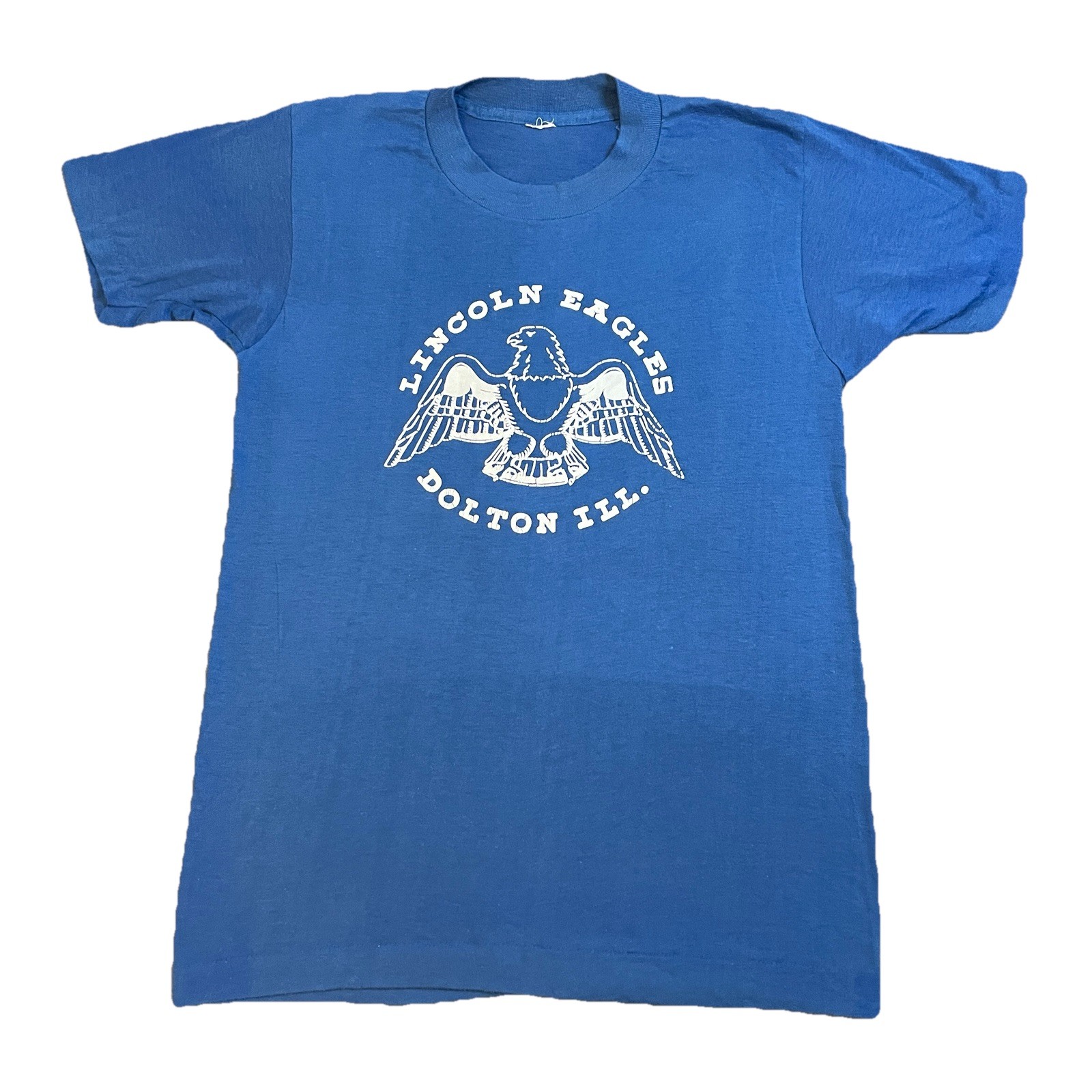 VTG 70s Single Stitch T-Shirt Men’s XS Lincoln Eagles Illinois Art Blue USA Made gallery