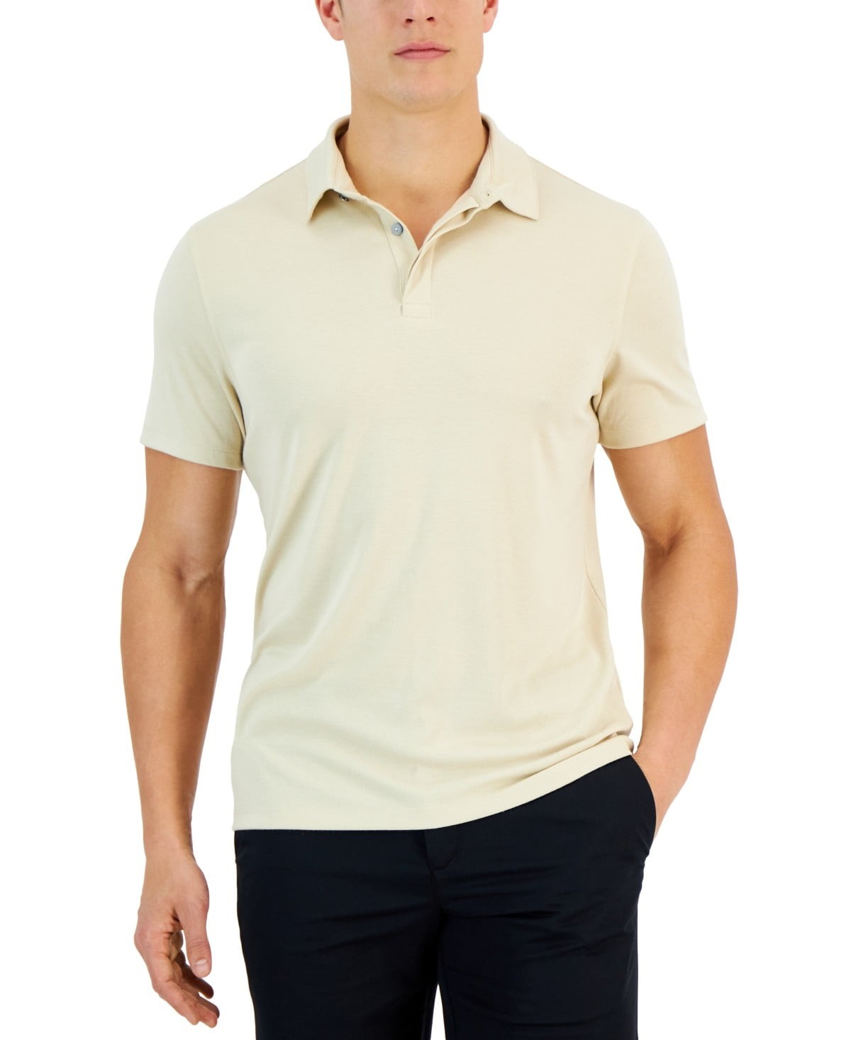 Alfani Men Regular fit Short Sleeve Polo Shirt Size L Beige Solid Stretch $50