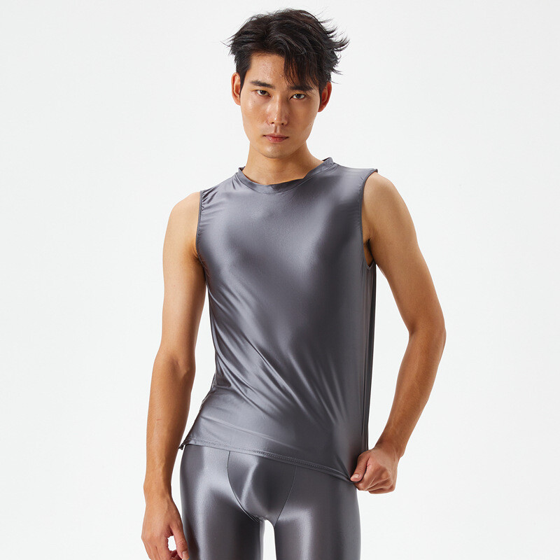 Men's Sexy Oil Shiny Glossy Sports Muscle T-shirt Slim Elastic Tank Tops Vest gallery
