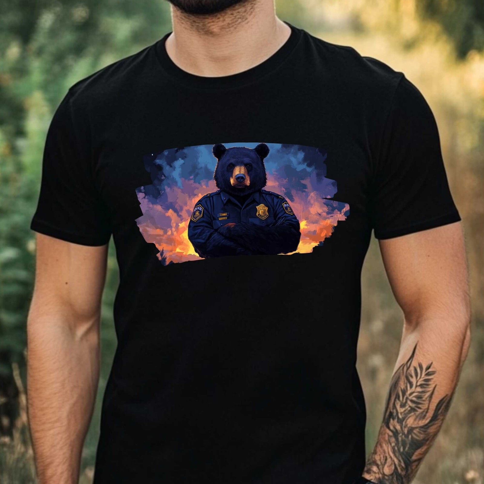 Mens Black Bear as Policeman Motif Cotton T-Shirt Size XS to 5XL gallery