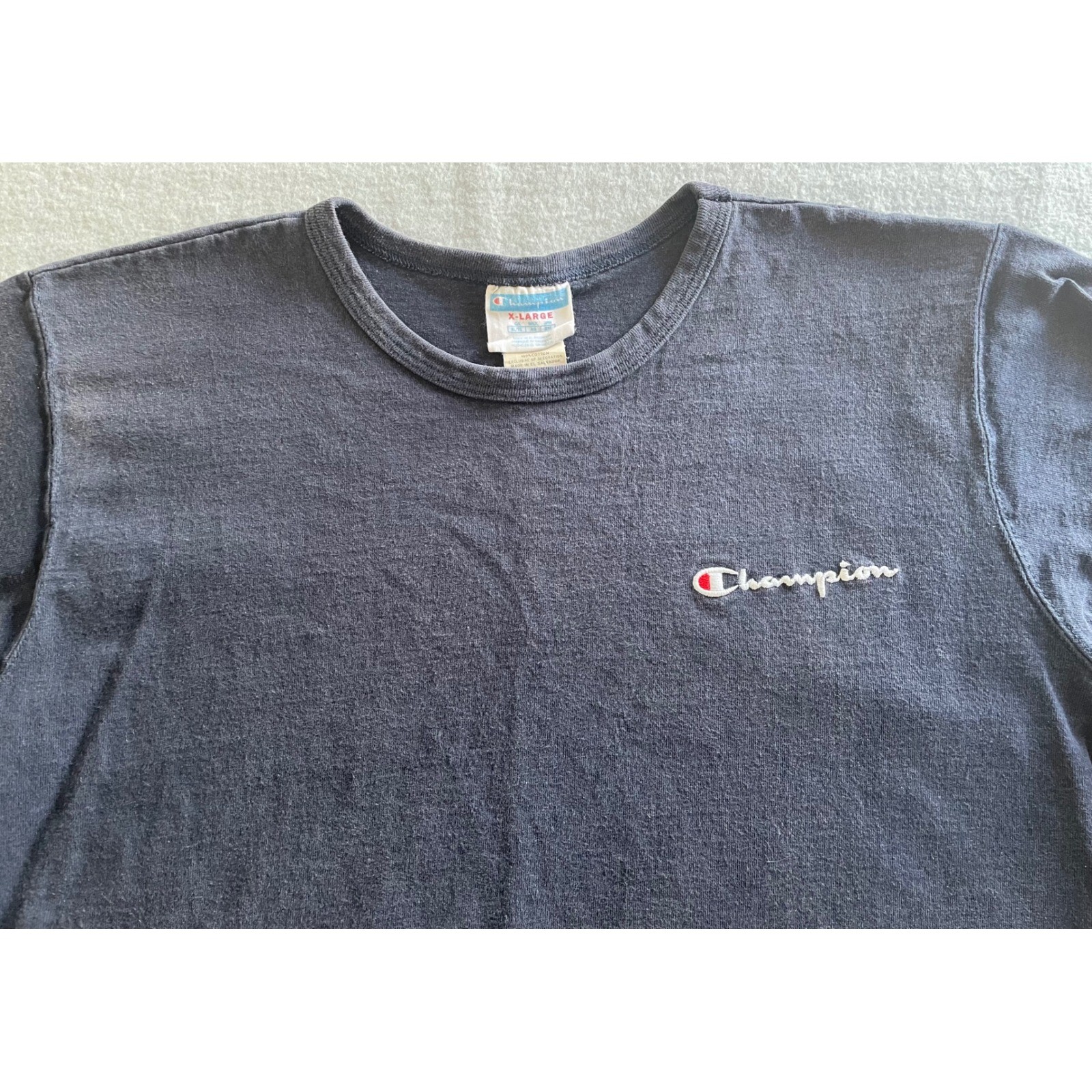 VTG Champion Mens XL Nvy Blue Shrt Sleeve Double*Embroidered Script Logo T-Shirt gallery