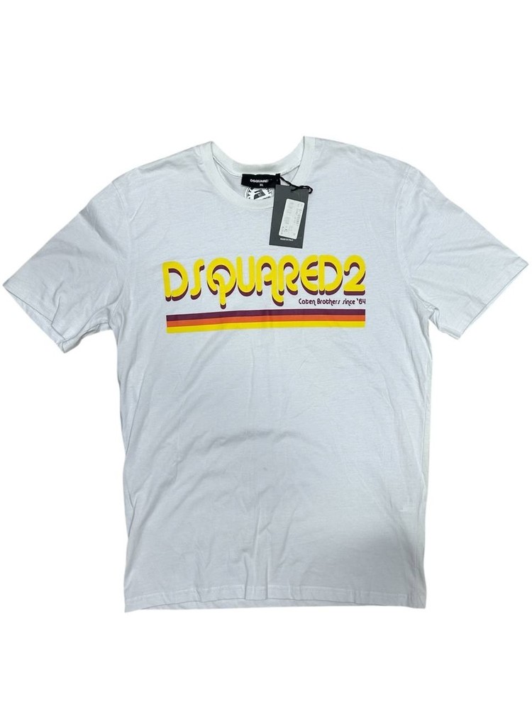 Dsquared2 Caten Brothers Since ’84 White T-Shirt Yellow Logo Print Cotton XL