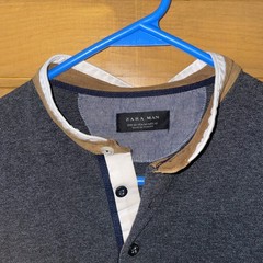 ZARA Man Gray Henley Shirt Medium Short Sleeve 3-Button Collarless Cuff