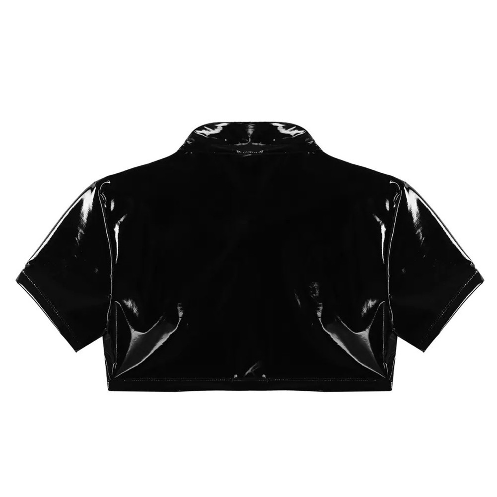 Crop Tops Blouse Mens PU Patent Leather Shiny Shirt Short Sleeve Slim Soft gallery