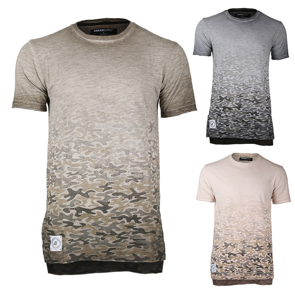 ZIMEGO Mens Short Sleeve Camouflage Longline Hipster Side Slit Oil Wash T-shirts gallery