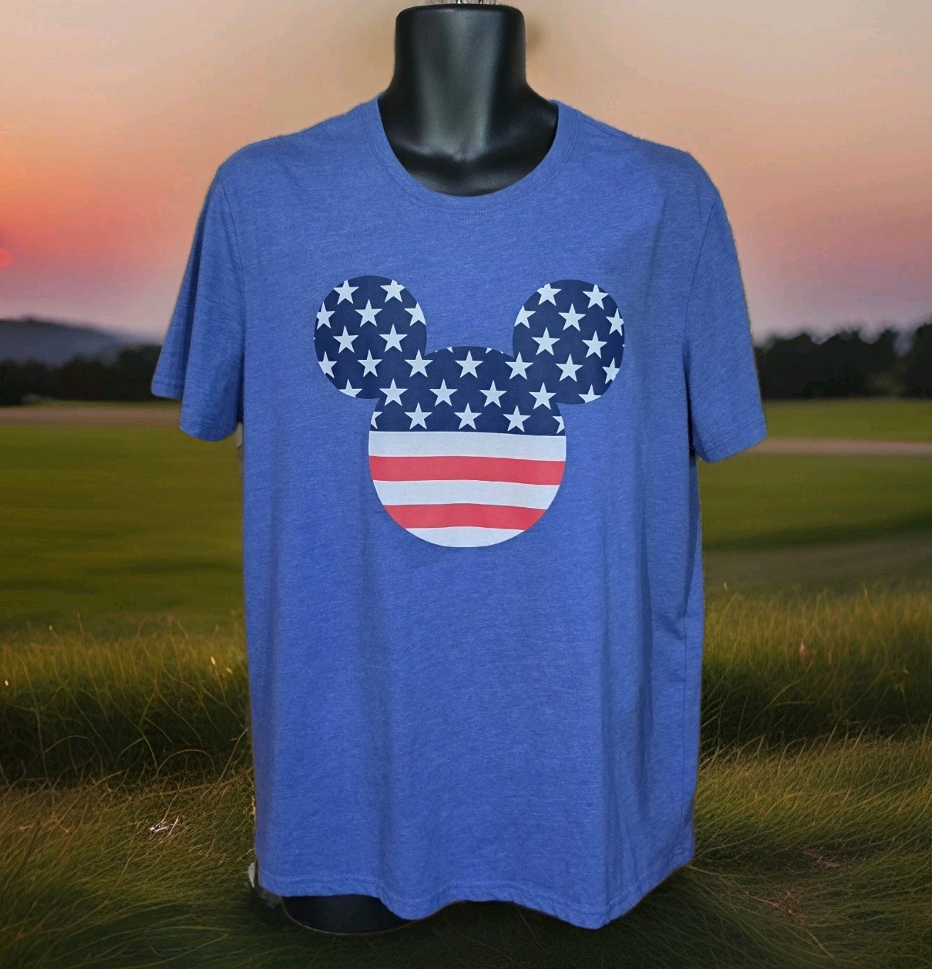 Disney Mickey Mouse Mens L TShirt USA American Flag Patriotic Blue EUC