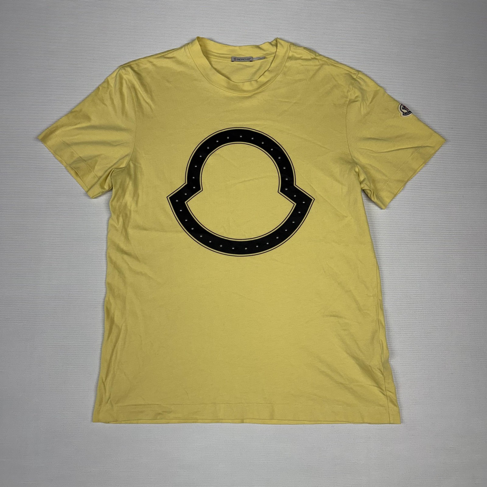 Moncler Shirt Mens Medium Yellow Big Logo Stud Graphic Tee Designer Streetwear