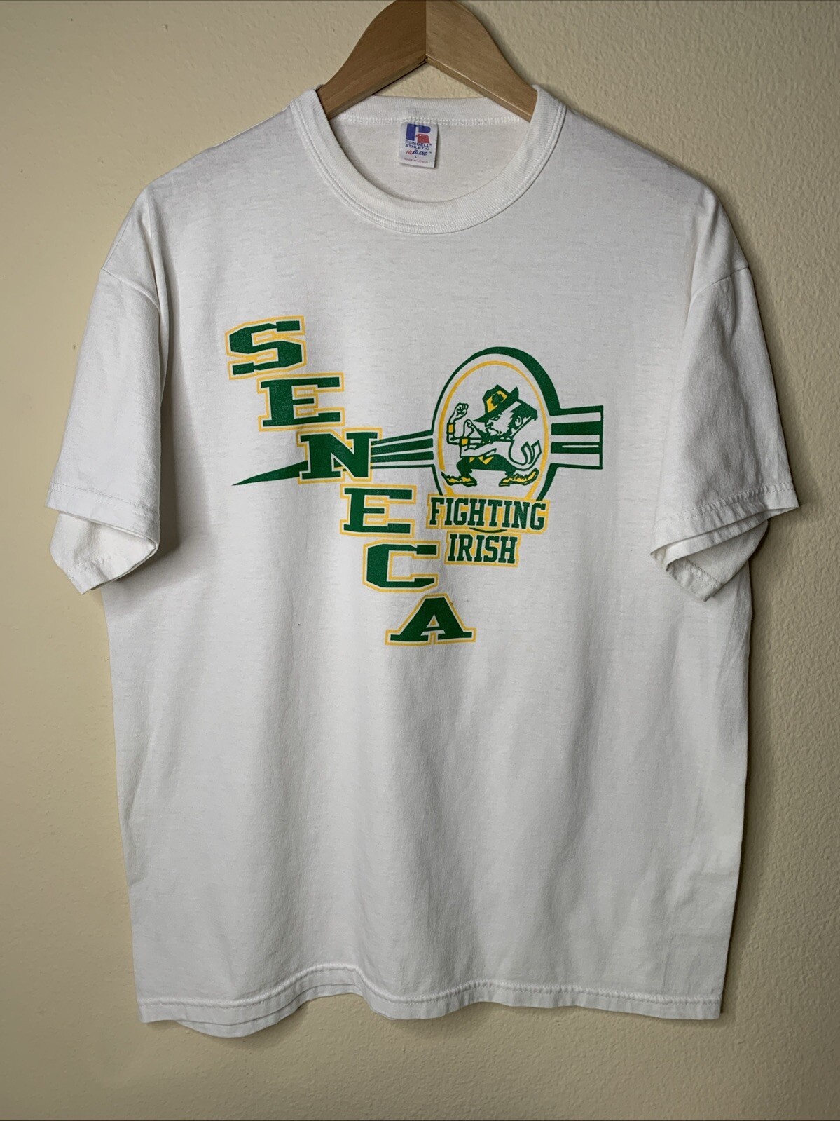 Vintage Seneca Fighting Irish Shirt Mens Sz L High School Football Logo Tee 90s