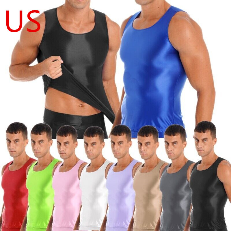 Men Smooth Glossy Sport Tank Top Gym Fitness Workout Crop Top Shirt Activewear gallery