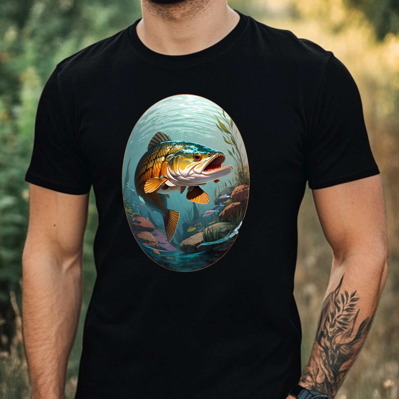 Mens Angler Motif Cotton T-Shirt Size XS to 5XL