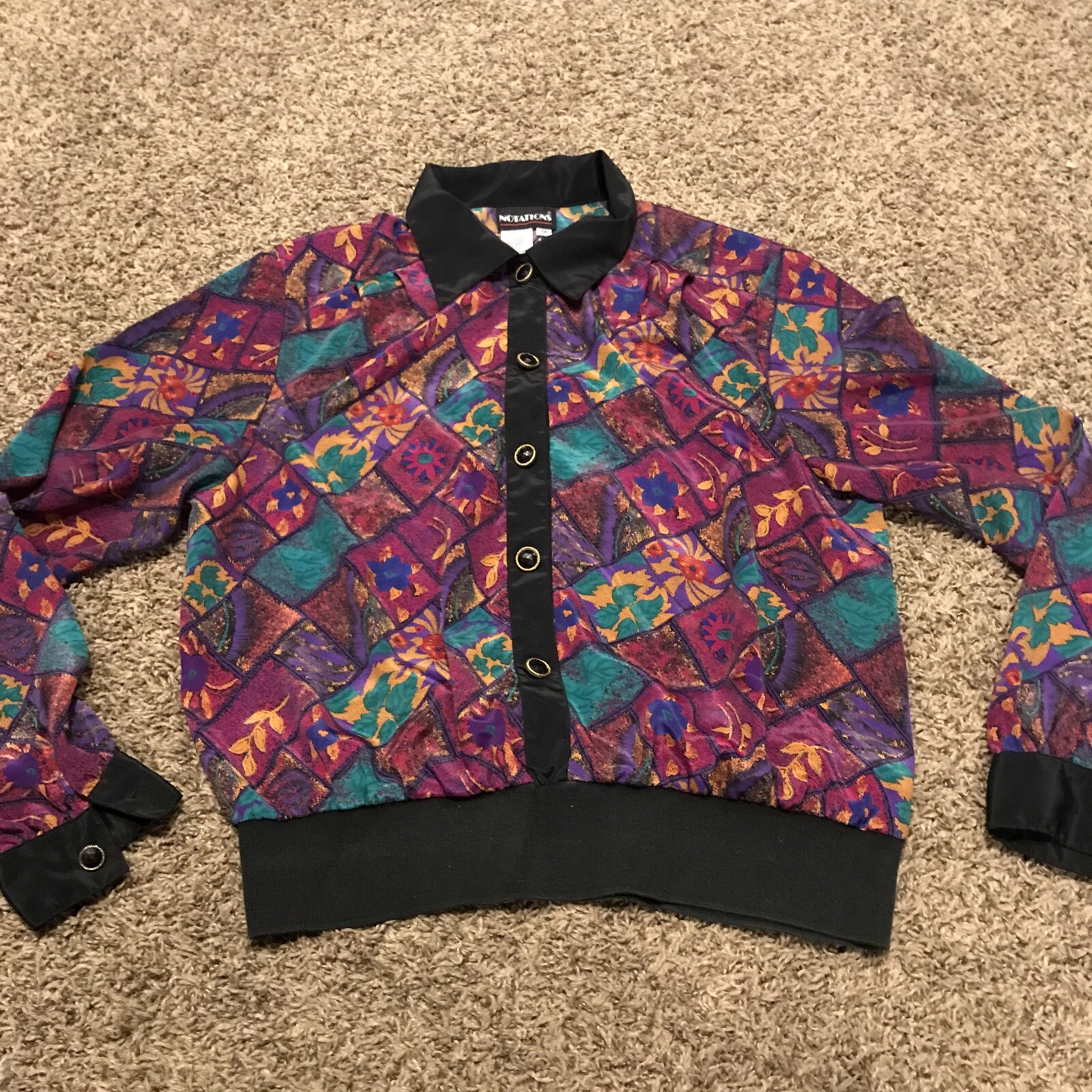 vtg notations womene size 12 button up blouse polyester purple shirt b5