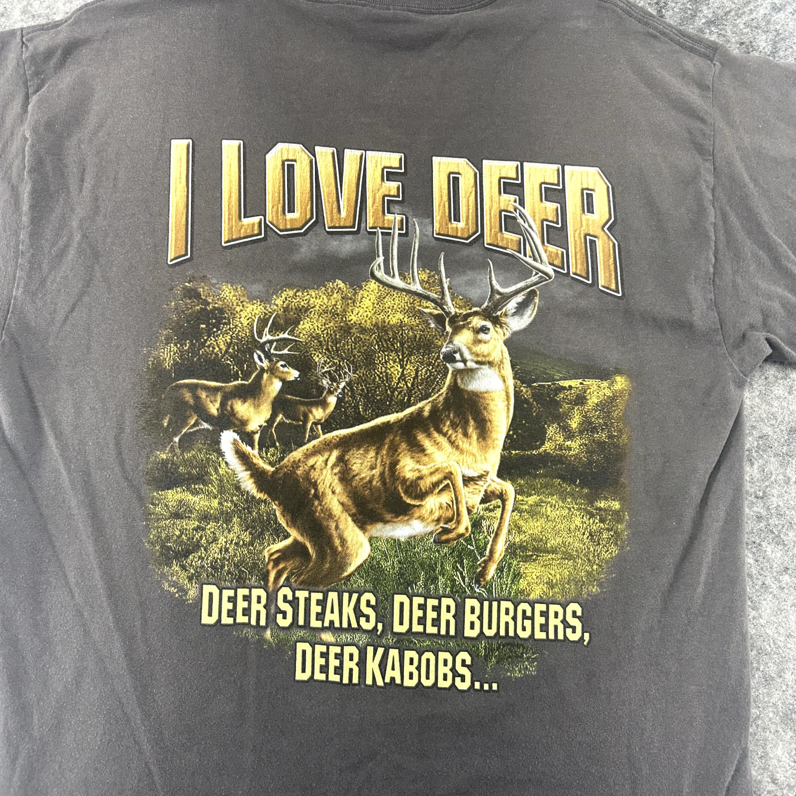 Cabelas Shirt Mens Large Gray Yellow I love Deer Graphic Spellout Print gallery