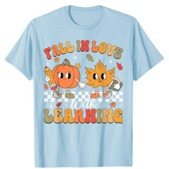 Retro Fall In Love With Learning Autumn Pumpkin Teacher T-Shirt,Multicolor,S-2XL