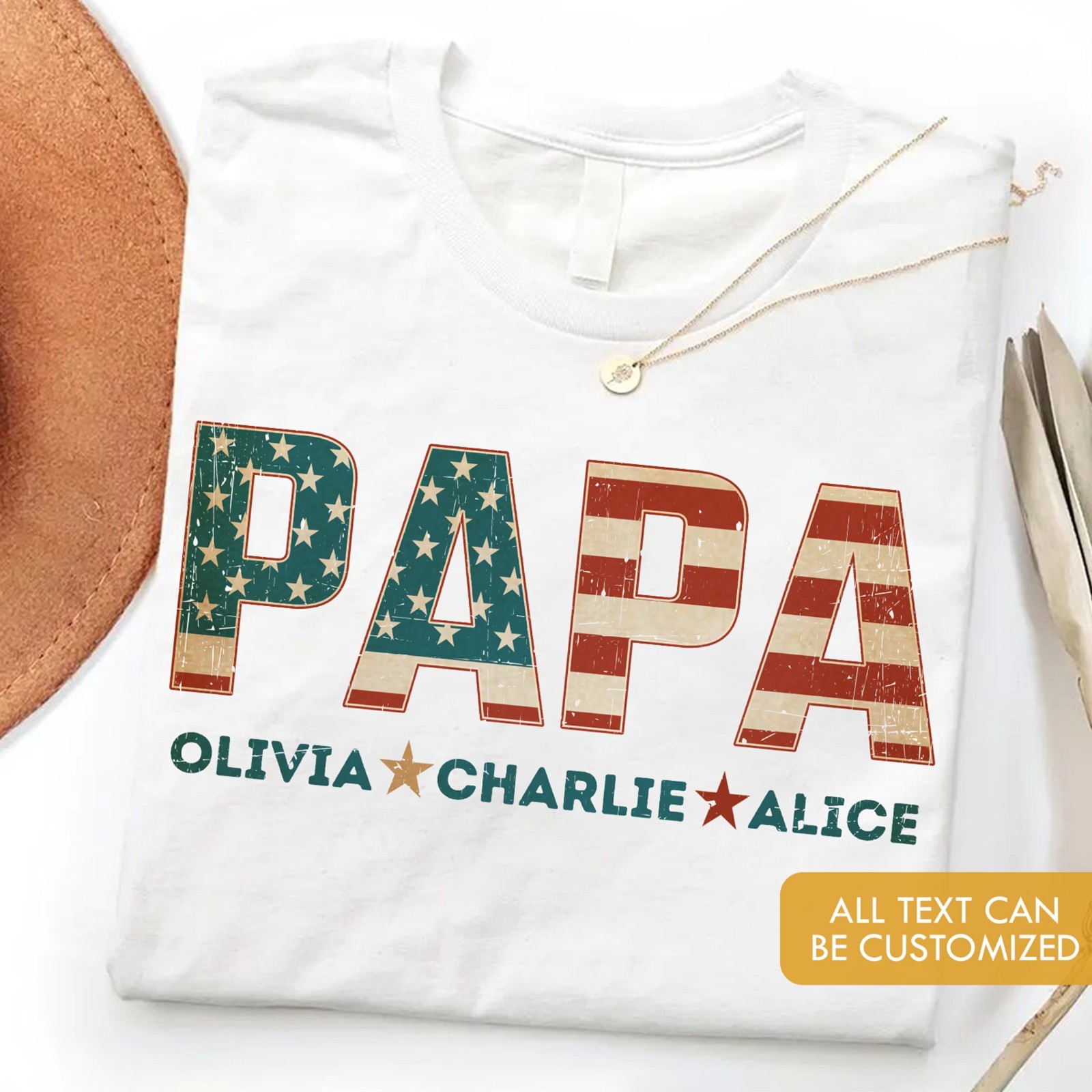 Personalized Papa Shirt Custom Kids Name Patriotic Dad USA Flag Fathers Gift Tee gallery