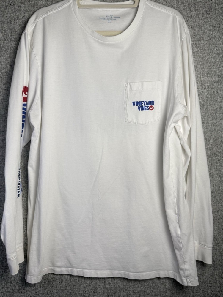 Vineyard Vines Men’s White Crewneck Cotton Long Sleeve Tee Red White Blue XL