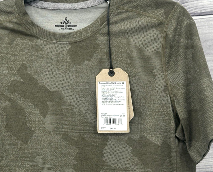 PRANA PROSPECT HEIGHTS GRAPHIC CAMO SHORT SLEEVE PERFORMANCE SHIRT Mens Size XS gallery
