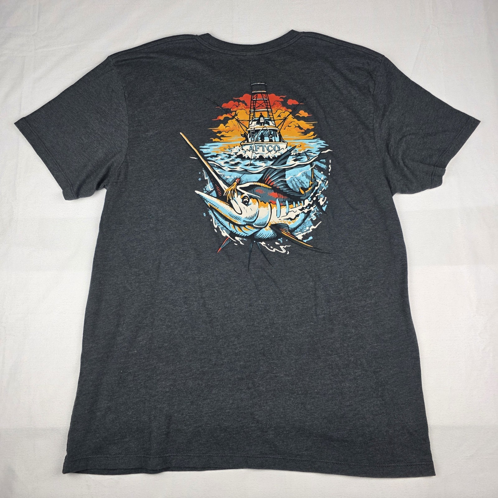 AFTCO Gray Fish Graphic Logo T-Shirt Crew Neck Short Sleeve Men’s L gallery