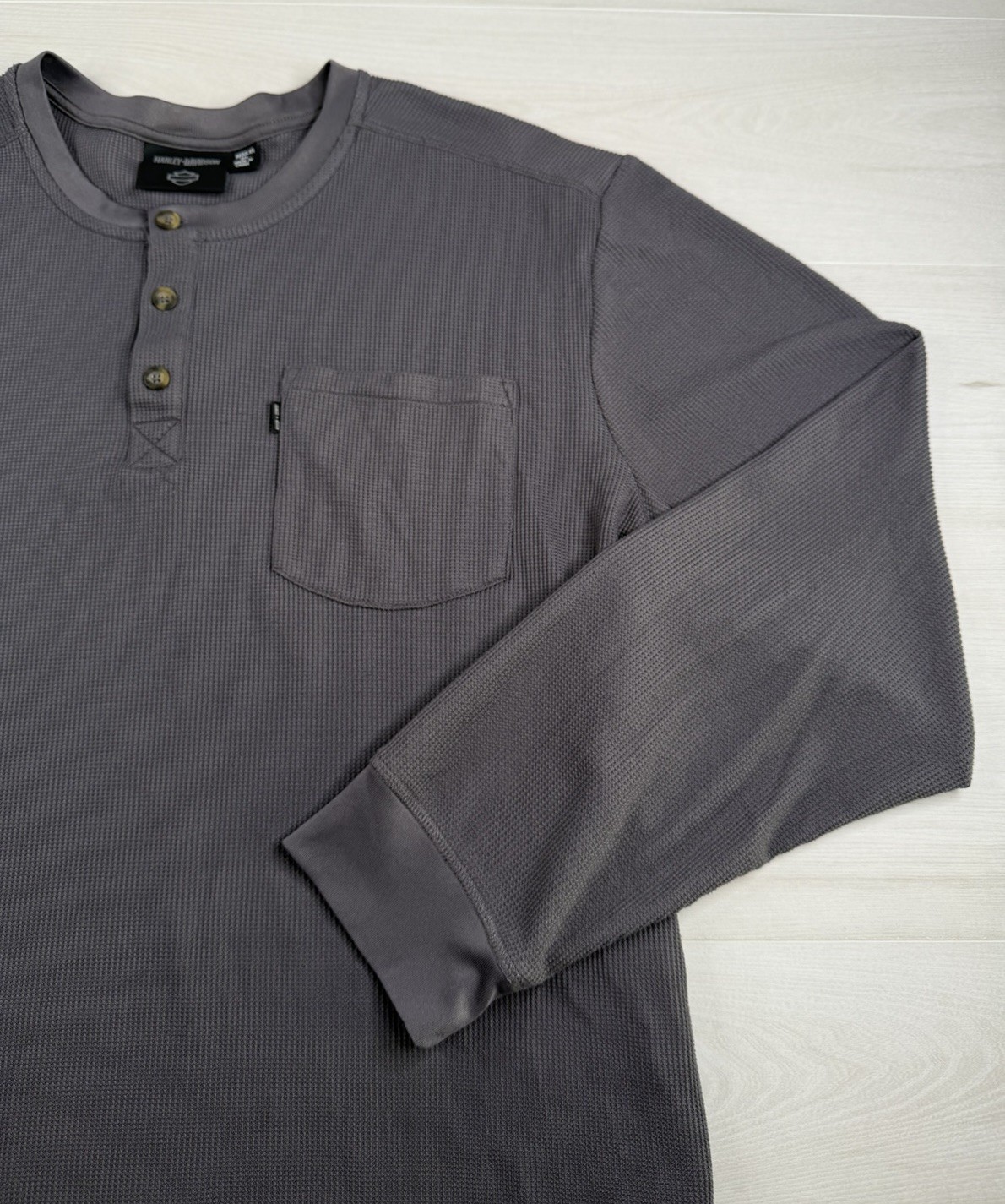 Harley Davidson Thermal Henley Shirt Gray Long Sleeve Embroidered Mens 3XL EUC gallery