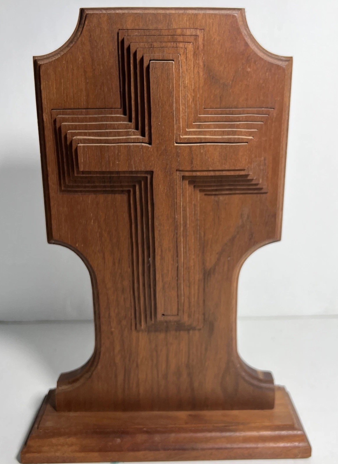 Handmade Wooden Table Crucifix With A 3-D Tiered Design