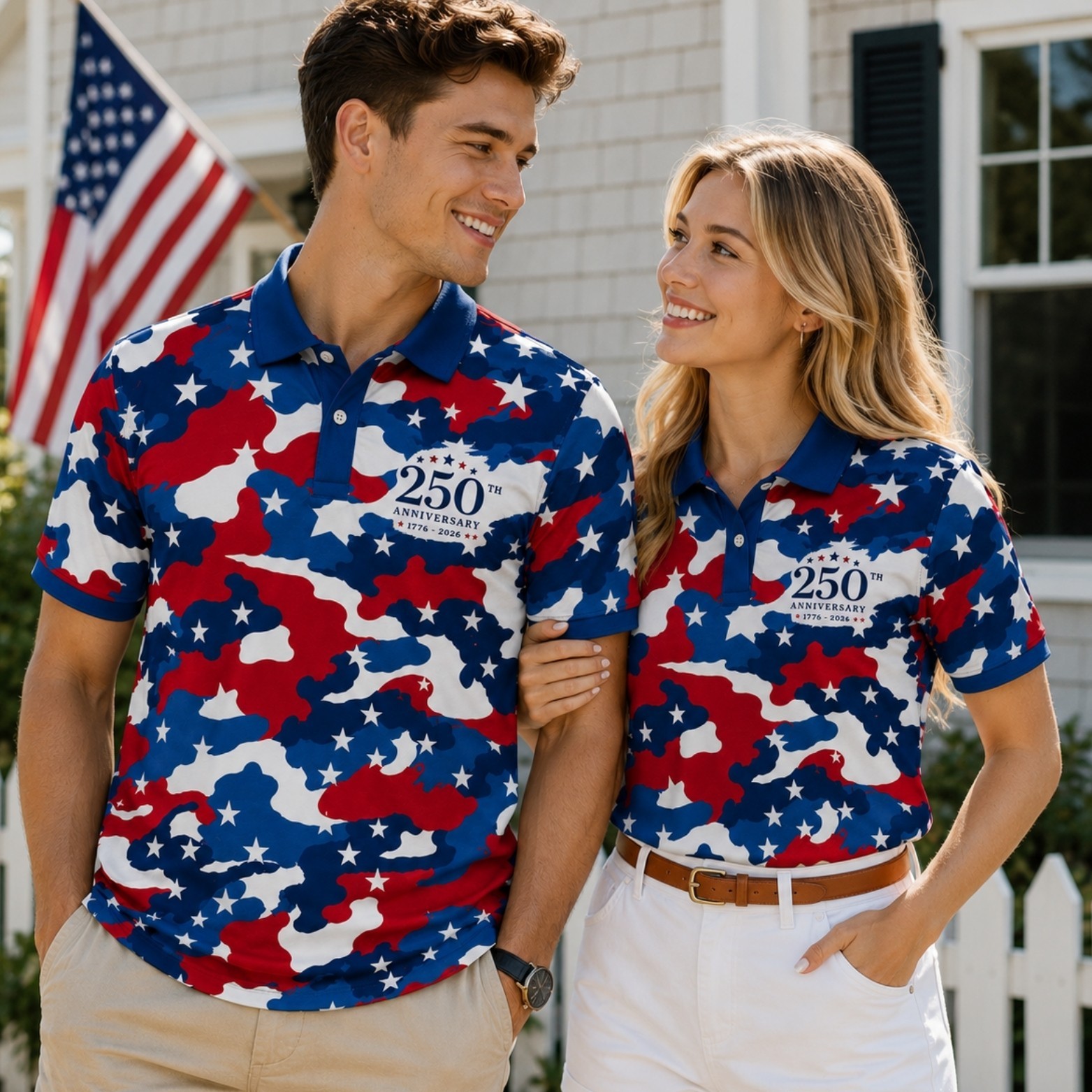 Red White Blue Camo Golf Polo, USA 250th Anniversary 1776-2026 Patriotic (S-5XL) gallery