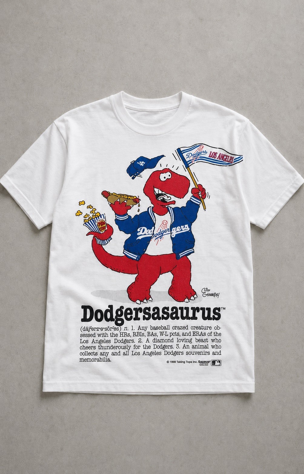1989 Talking Tops "Dodgersasaurus" T-Shirt White featuring a dinosaur BTH332 gallery