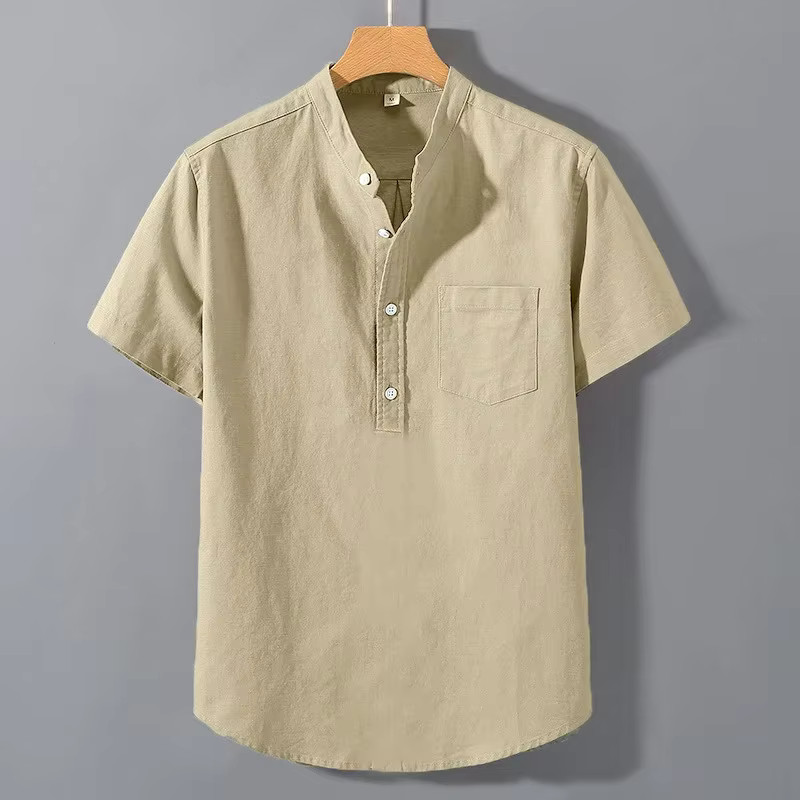 Men's Breathable Cotton Stand Collar T-Shirt Summer Casual Loose Fit Top Outfits gallery