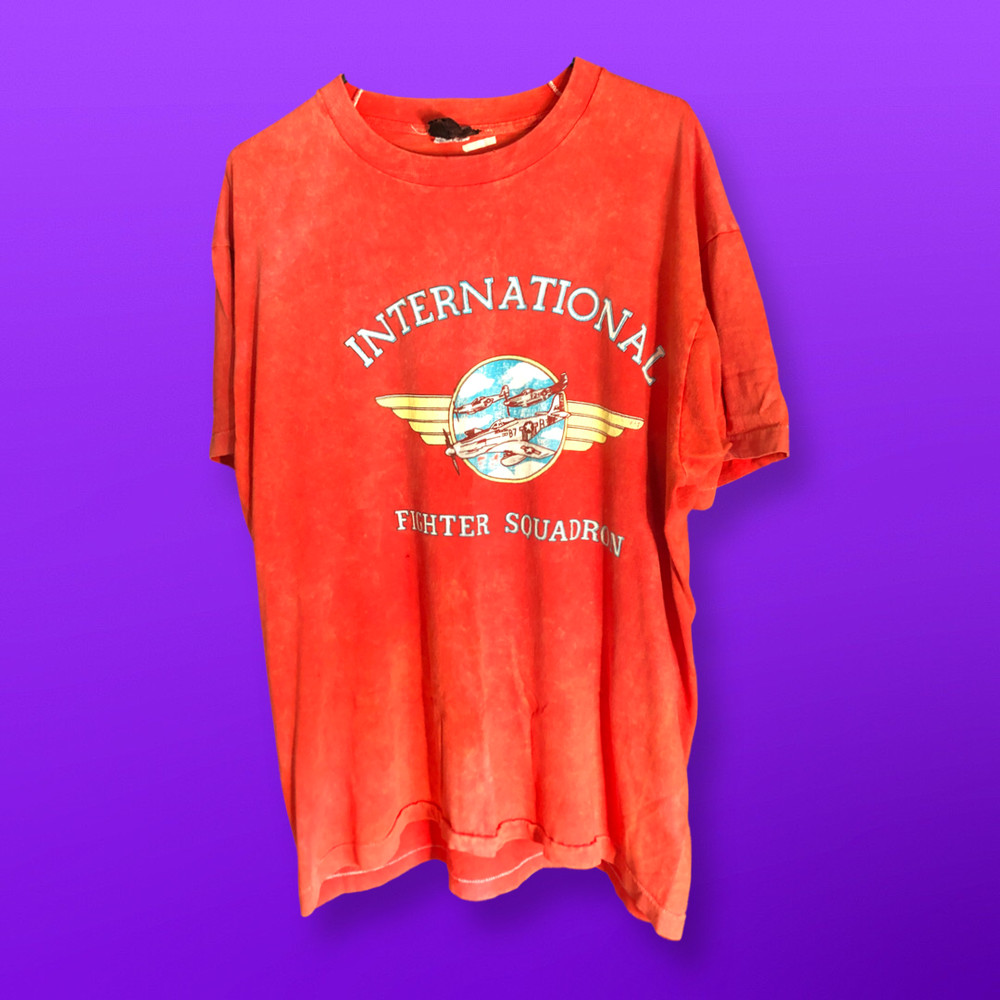 Vtg International Fighter Squadron Military Single Stitch Air Force Shirt XL RED
