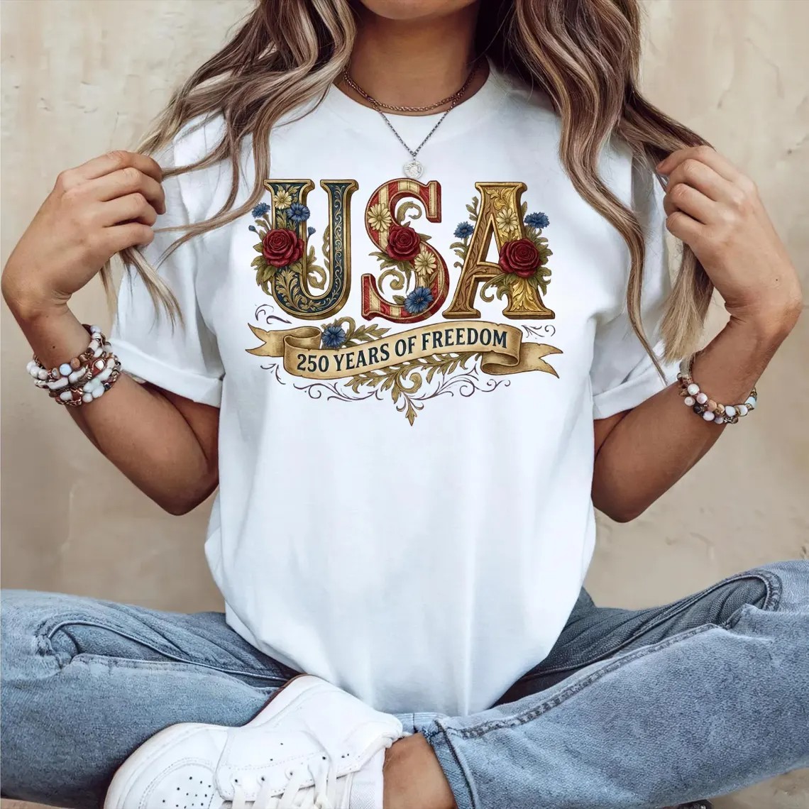 Retro USA 250 Shirt: Floral Patriotic Tshirt Independence Day Celebration gallery