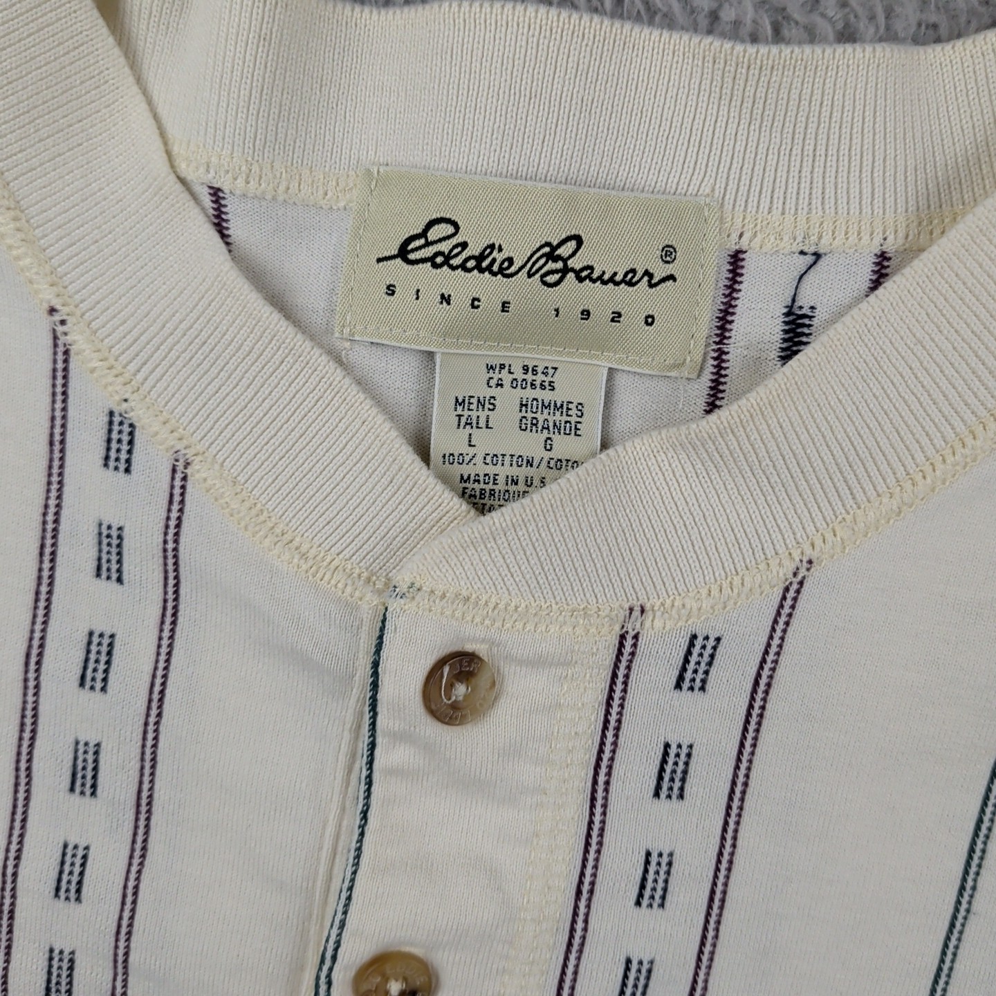 Vintage Eddie Bauer T Shirt Men Tall LT White Stripe Henley Long Sleeve Made USA gallery