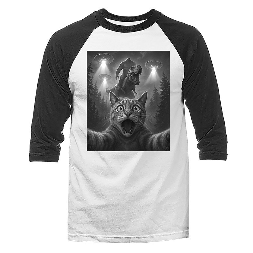 Scared Cat Selfie with Sasquatch Big Foot Funny Humorous 3/4 Sleeve Raglan gallery