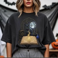 Witchy Black Cat Spell Book Tee, Gothic Moon Cat Magic Shirt