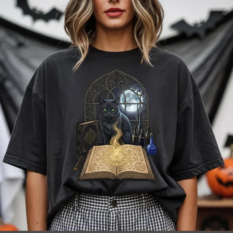 Witchy Black Cat Spell Book Tee, Gothic Moon Cat Magic Shirt gallery