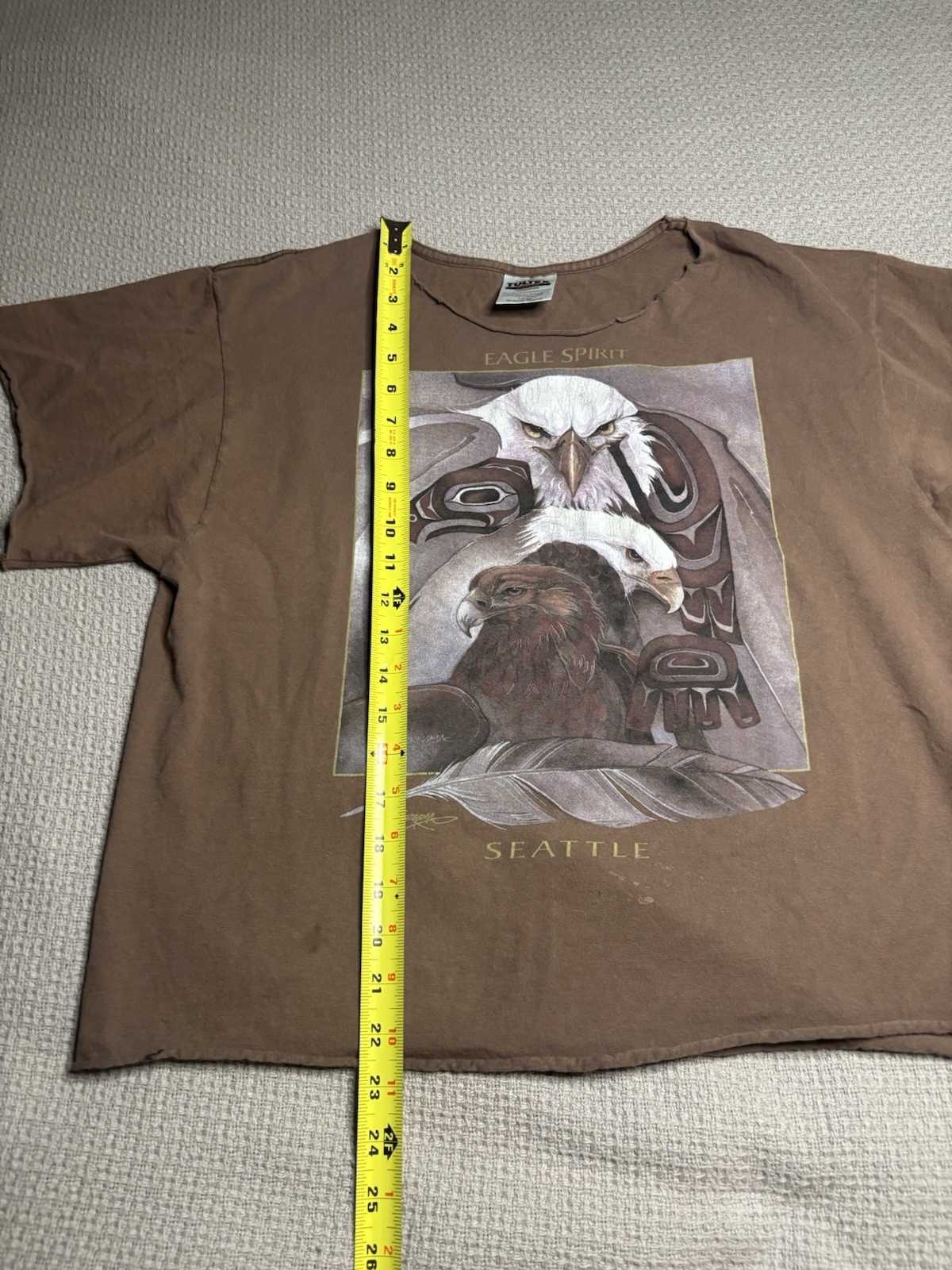Vintage Tultex T-Shirt Mens L cropped Crewneck Graphic Eagle Spirit Brown gallery