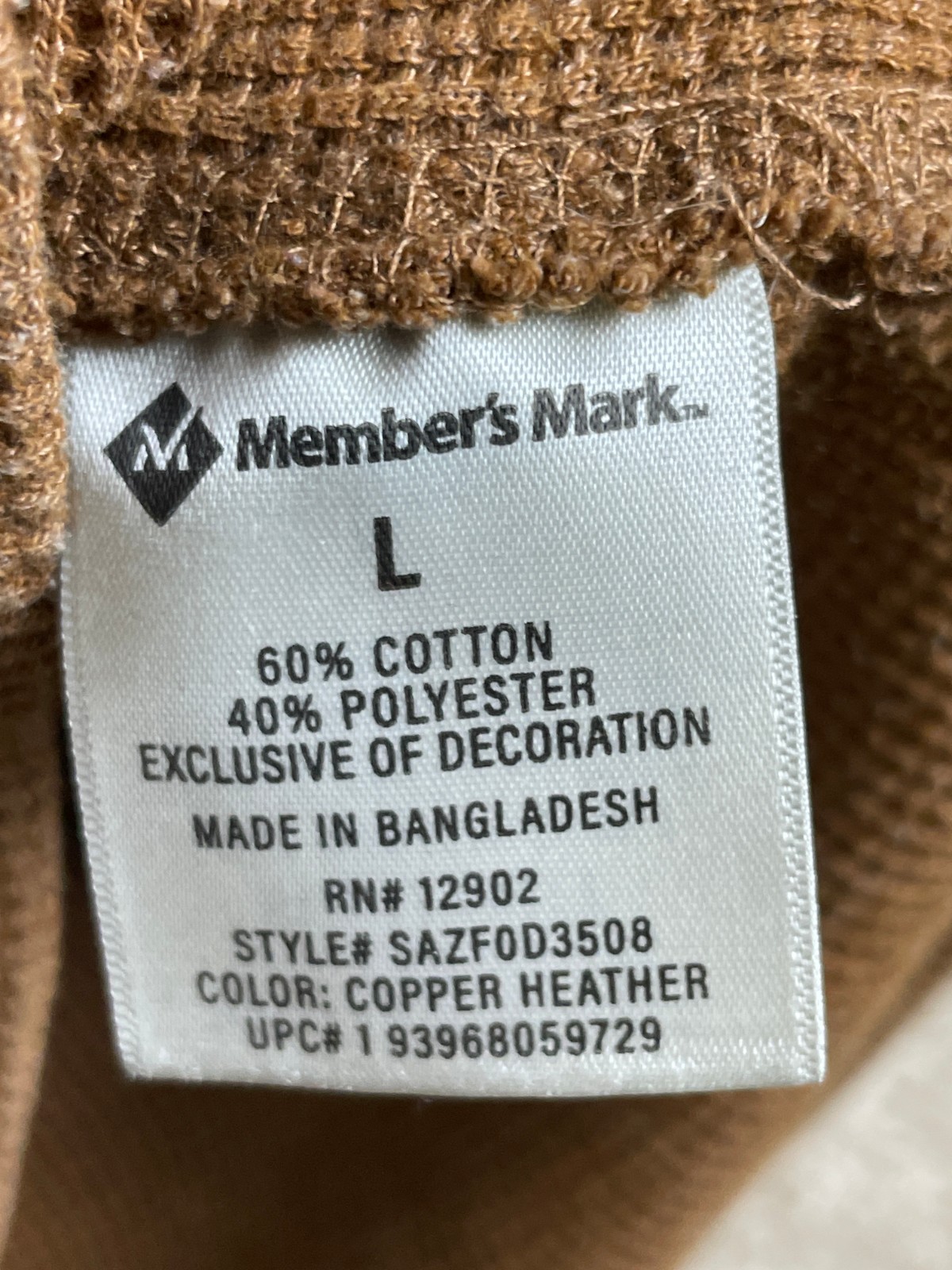 Members Mark T-Shirt Mens Large Ribbed V-Notch Thermal Waffle Knit Brown gallery