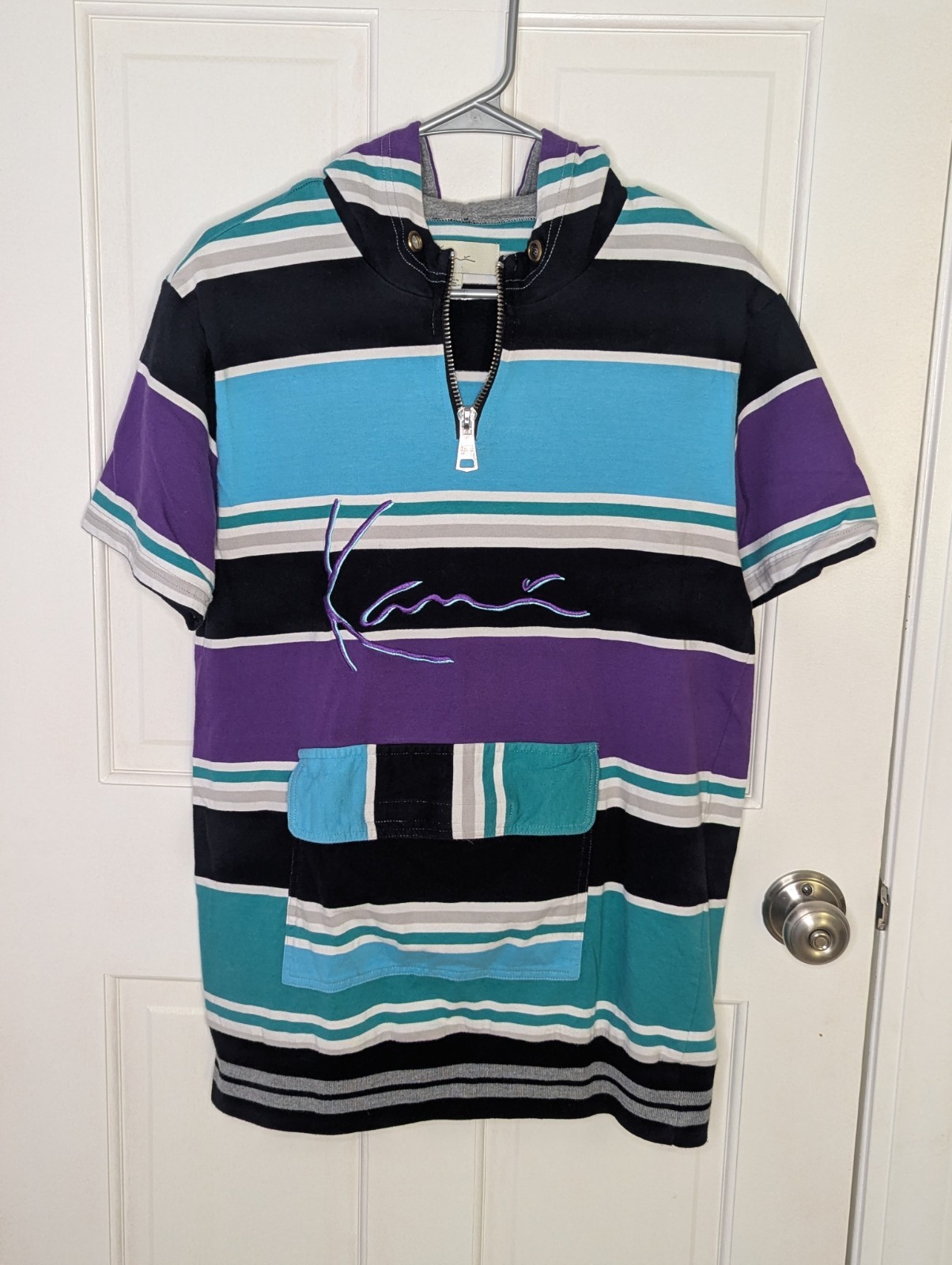 Kani size Large 80s style Surfer Stripe Kangaroo Pocket Cover Up Hooded T Shirt