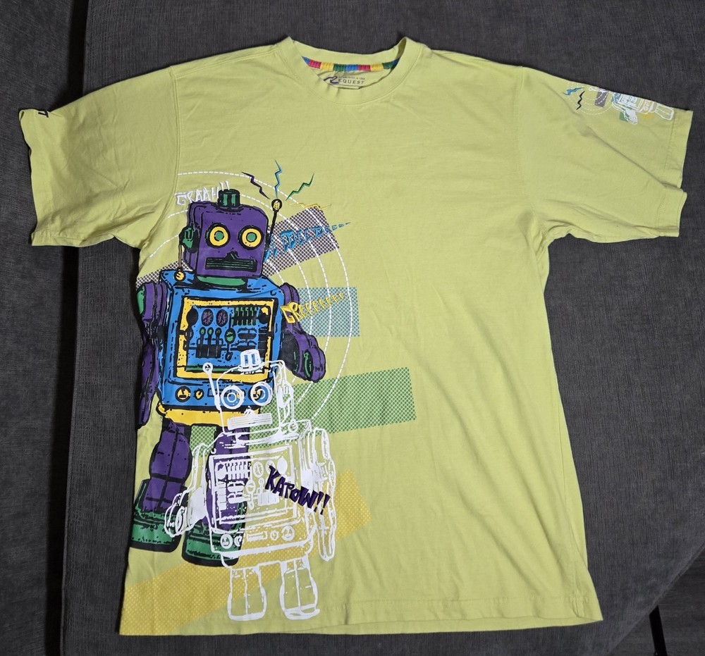 Y2K Request Brand T Shirt “robot” With Embroidered Lettering Yellow/green XL
