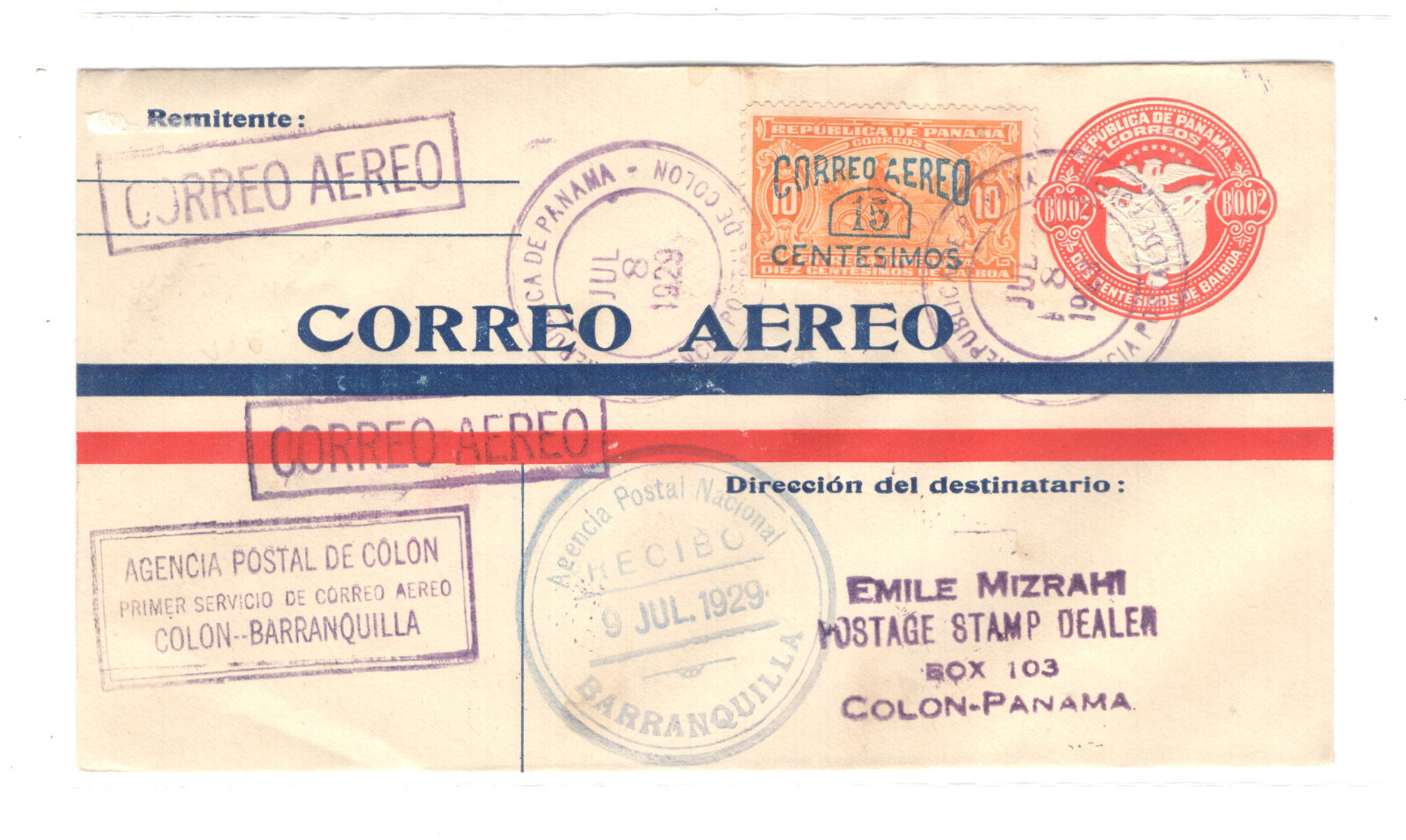 Panama  uprated  airmail  envelope with  C3 , to  Panama stamp  dealer  1929