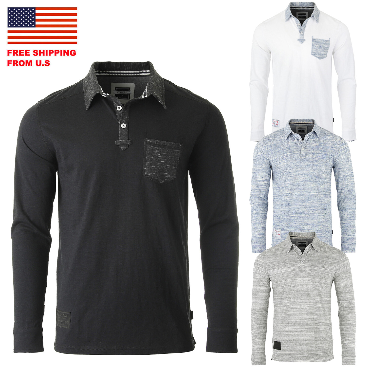 ZIMEGO Mens Long Sleeve Vintage Color Contrast Placket Pocket Polo Shirts gallery