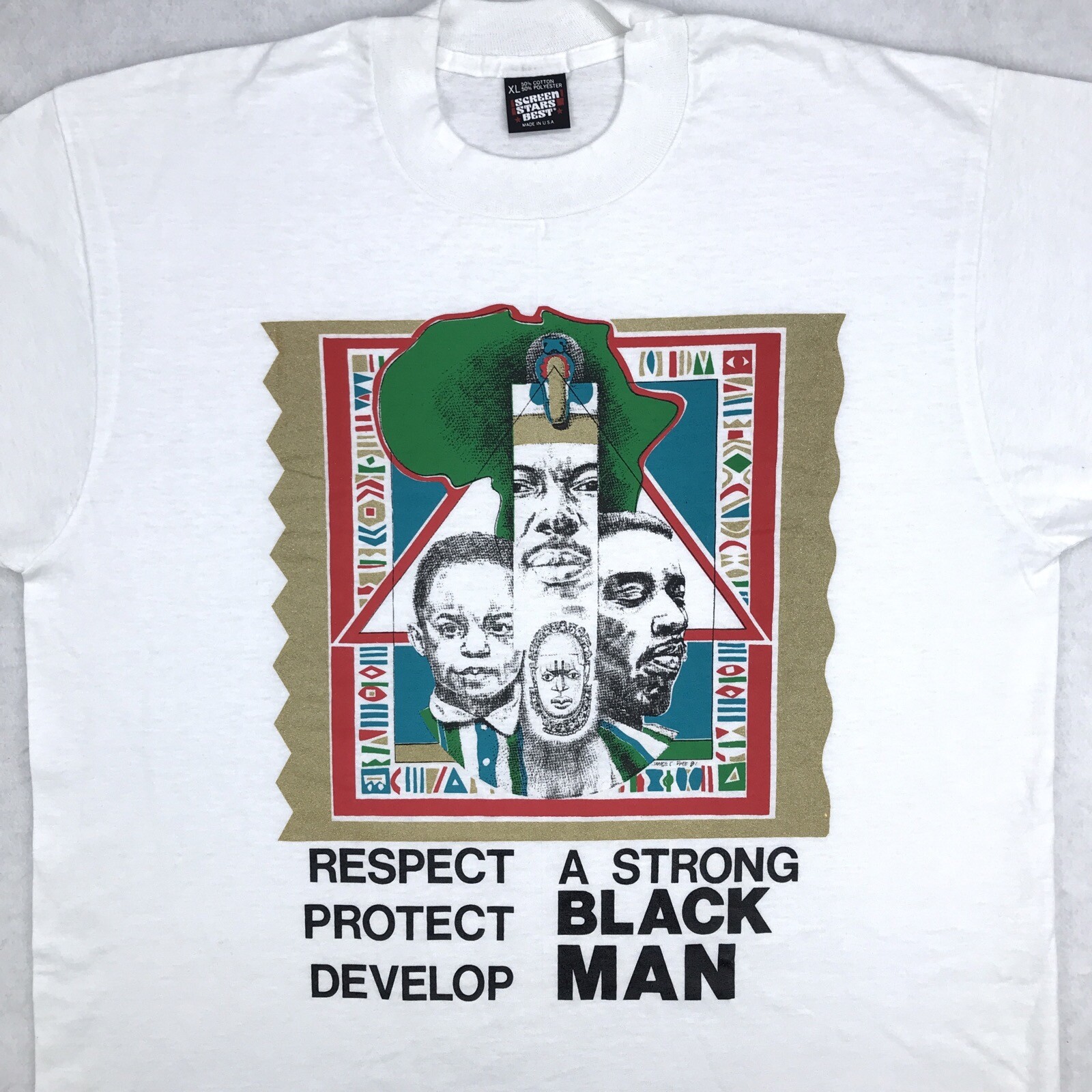 vtg 80s STRONG BLACK MAN RESPECT PROTECT T-Shirt L/XL single stitch hip hop gallery