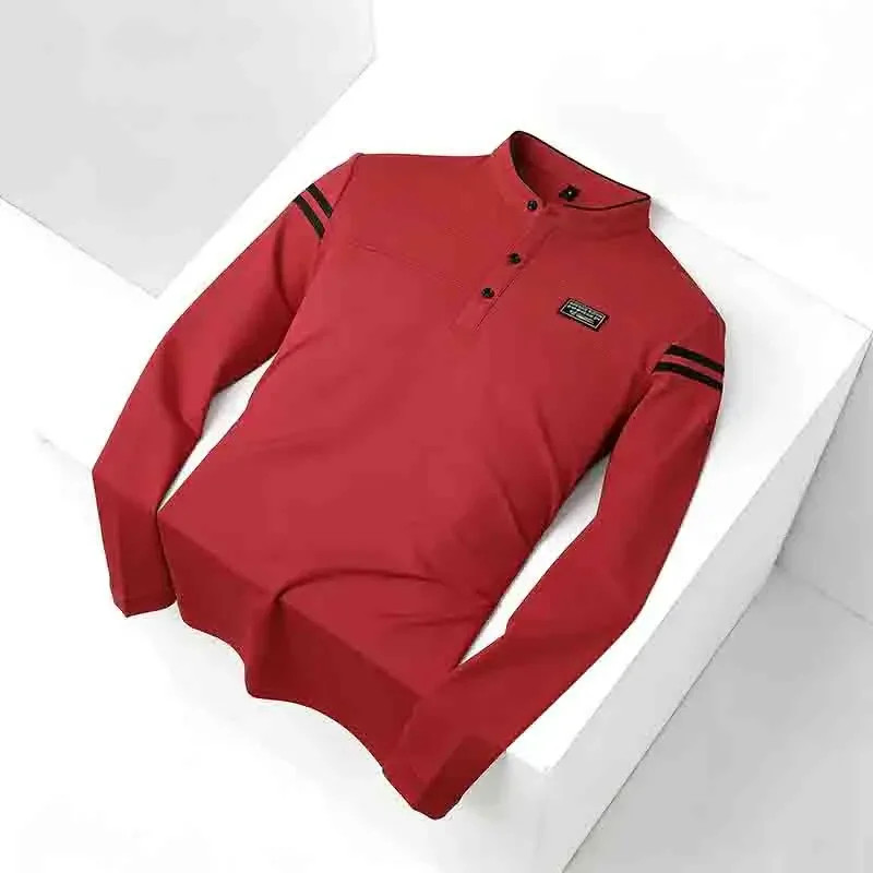 Men Stand Collar Long Sleeve Polo Shirt Stripe Accent Soft Breathable For Busine gallery