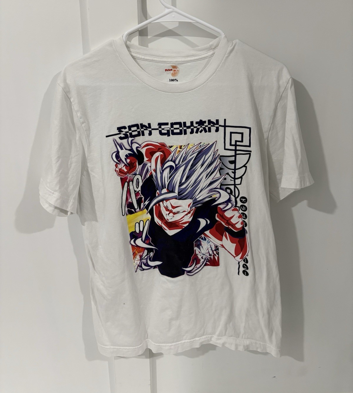 Print Hub designs Men’s Dragon Ball Z Gohan Graphic Crew Neck Tee L White