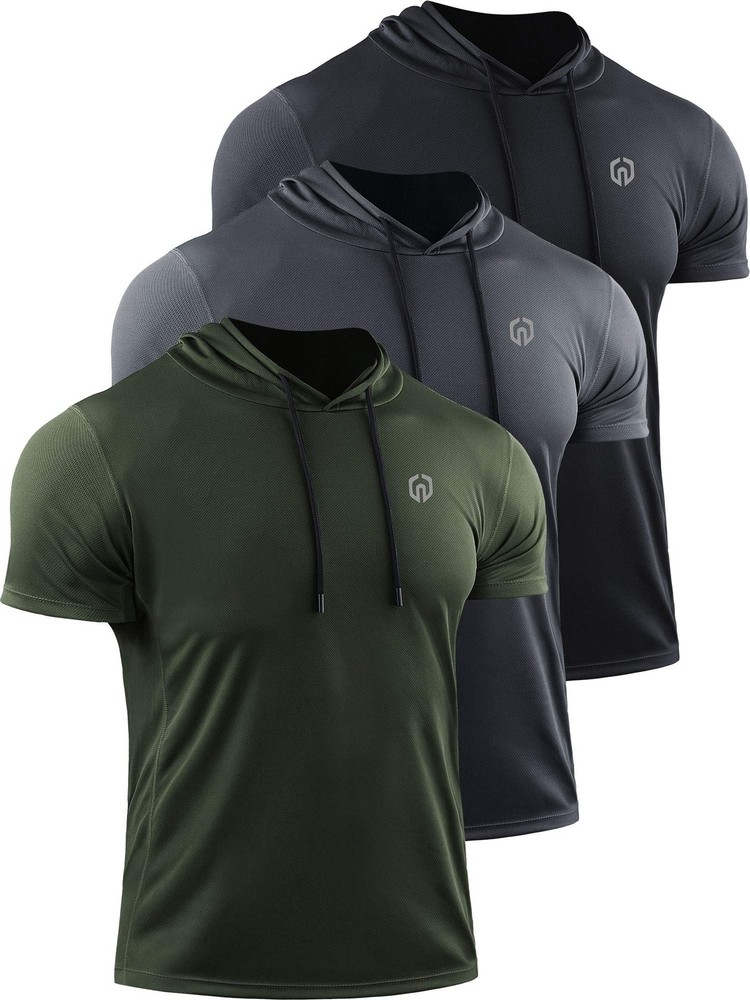 Men’s Running Shirt Mesh Workout Athletic Shirts with Hoods,5084,3 Pack,Black…