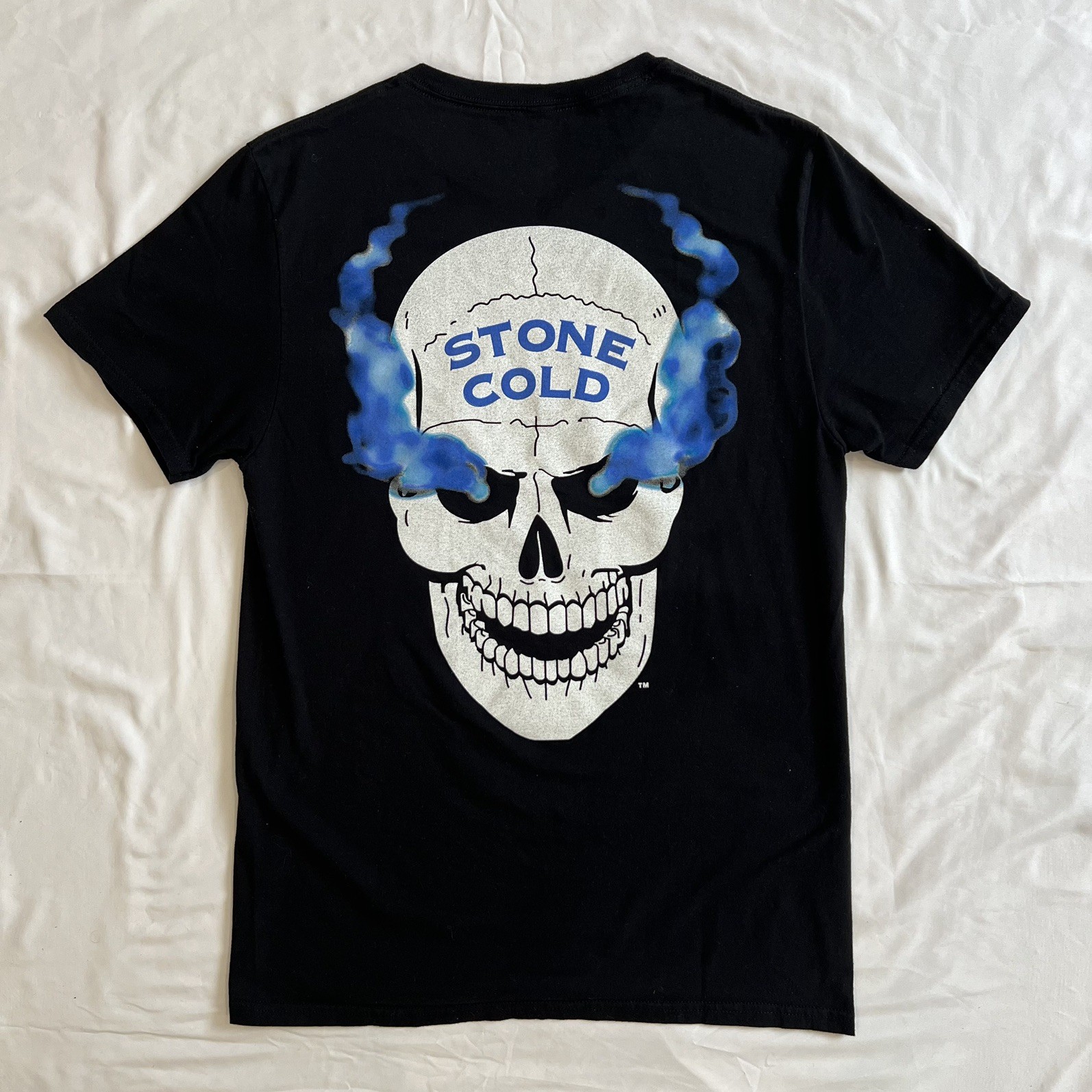 WWE Stone Cold Steve Austin What? Blue Flaming Skull Graphic Reprint T-Shirt M gallery