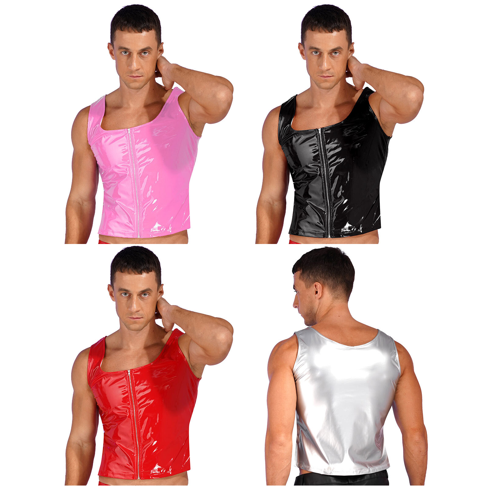 US Men WetLook PVC Leather Sleeveless Vest Shirt Zipper Tank Top Jacket Clubwear gallery