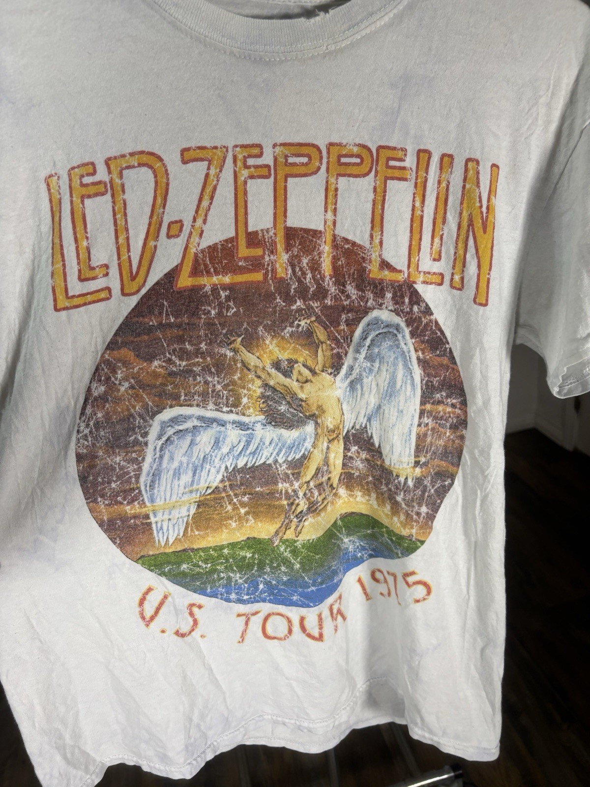 Led Zeppelin U.S. Tour 1975 Graphic Logo Unisex White Crew Neck Tee S/M gallery