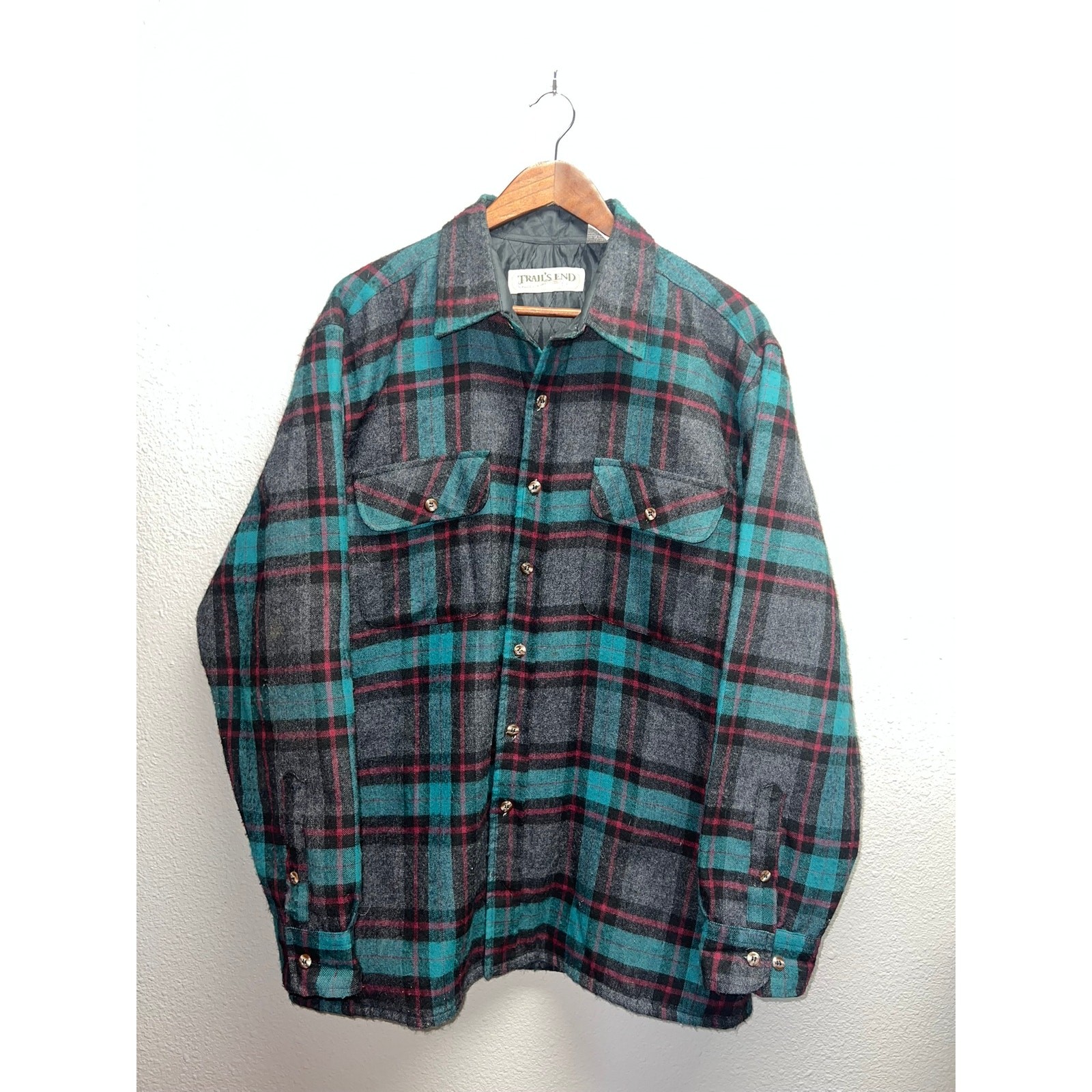 Vintage Trail's End Flannel Shirt Quilted Lined Plaid Teal Gray Western VTG L gallery