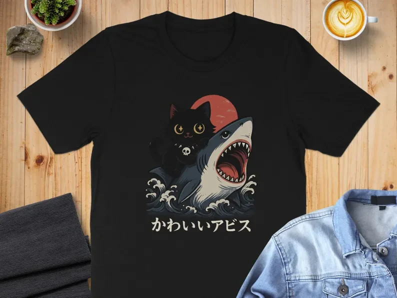 Cute Black Cat Riding Shark, Japanese Kawaii T-Shirt, Funny Cat Lover Gift