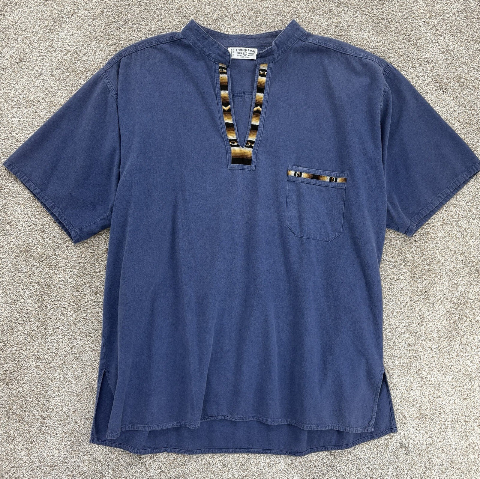Artesania Landa Pullover Shirt Size XL Blue Embroidered Trim V-Neck Peru Cotton gallery